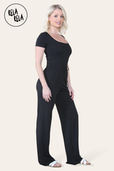 Scoop Neck Bodysuit & Wide Leg Trousers Co-Ord in Black side