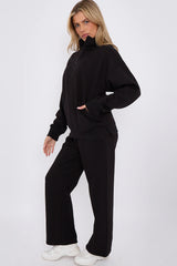 Premium Fleece Lined Half Zip Top & Jogger Co-Ord Tracksuit Set in Black