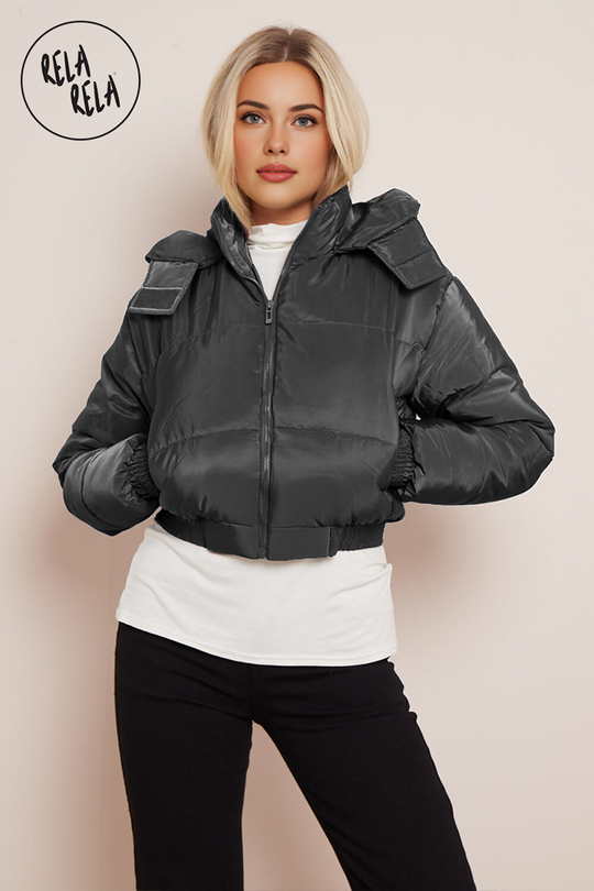 Cropped Puffer Jacket With Hood Padded in Black