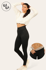 Front view of black fleece lined leggings with high waisted fit