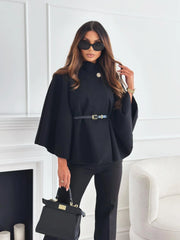 Belted Cape Poncho Jacket Coat in Black