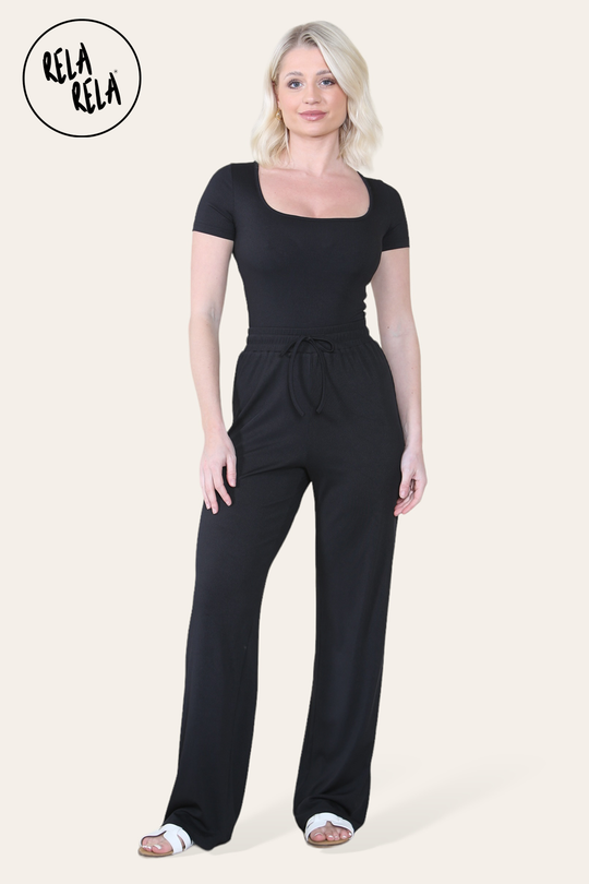 Scoop Neck Bodysuit & Wide Leg Trousers Co-Ord in Black