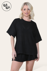 Black crochet set with oversized T-shirt and matching black shorts co cord