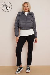 Cropped Puffer Jacket With Hood Padded in Charcoal