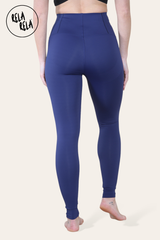 Back view of high waisted gym leggings in navy colour