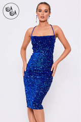 Party Sequin Square Neckline Lace Back Midi Dress in Royal Blue
