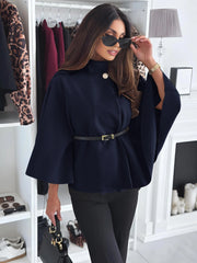 Belted Cape Poncho Jacket Coat in Navy