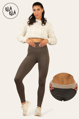 Front view of chocolate fleece lined leggings with high waisted fit
