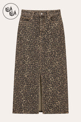 Flat lay of RELA RELA Leopard stretch denim maxi skirt showing the front split, button waist and animal-print denim texture.