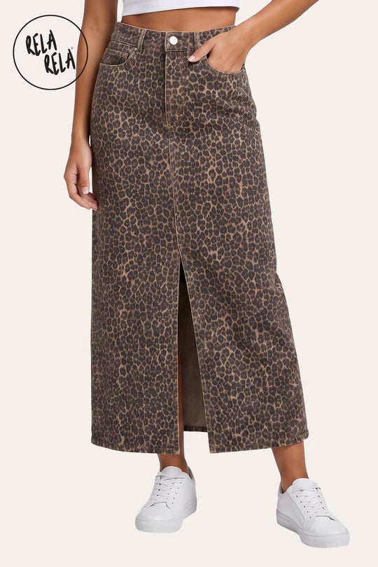 Stretchy Denim Maxi Skirt with Split Front in Leopard