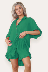 Pleated Button Up Frill Detail Shirt & Matching Frill Shorts Co-Ord in Emerald Green