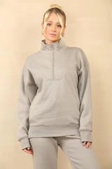 Premium Fleece Lined Half Zip Top & Jogger Co-Ord Tracksuit Set in Dove Grey
