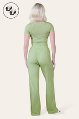 Scoop Neck Bodysuit & Wide Leg Trousers Co-Ord in Green back