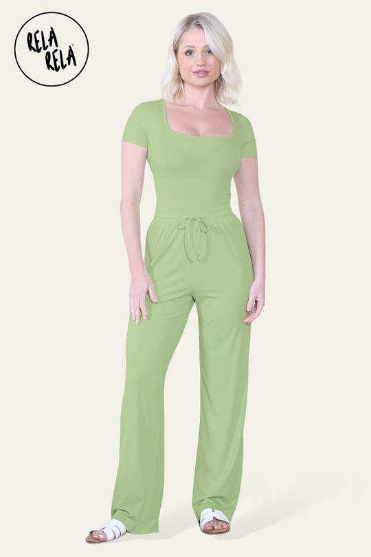 Scoop Neck Bodysuit & Wide Leg Trousers Co-Ord in Green