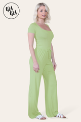 Scoop Neck Bodysuit & Wide Leg Trousers Co-Ord in Green side