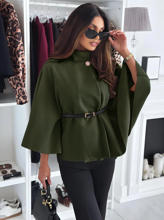 Belted Cape Poncho Jacket Coat in Khaki