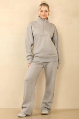 Premium Fleece Lined Half Zip Top & Jogger Co-Ord Tracksuit Set in Dove Grey