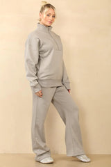 Premium Fleece Lined Half Zip Top & Jogger Co-Ord Tracksuit Set in Dove Grey