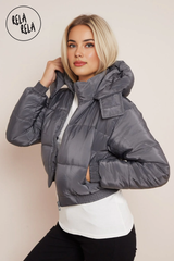 Cropped Puffer Jacket With Hood Padded in Charcoal