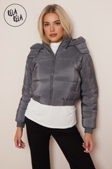 Cropped Puffer Jacket With Hood Padded in Charcoal