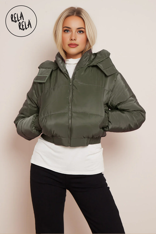 Cropped Puffer Jacket With Hood Padded in Khaki