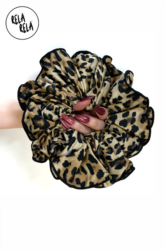 XXL Large Satin Hair Scrunchies with Contrast Stitching in Leopard