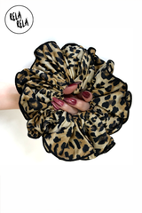 XXL Large Satin Hair Scrunchies with Contrast Stitching in Leopard Print