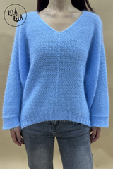 Super Soft Cosy V Neck Drop Shoulder Blue Jumper