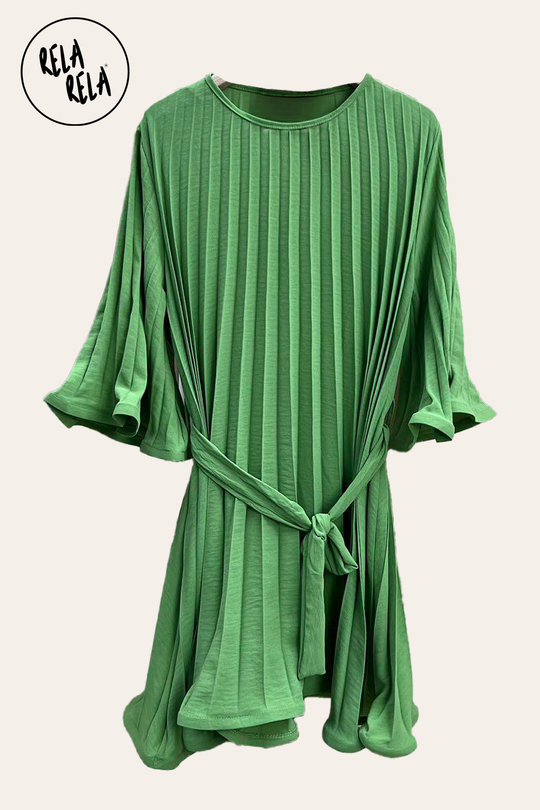 Bell Sleeve Pleated A-Line Mini Dress in Olive