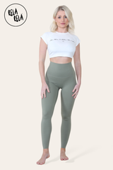 Front view of olive green high waisted leggings with tummy control