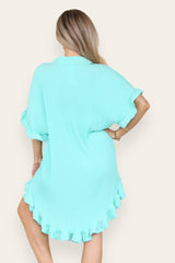 Pleated Button Up Frill Detail Swing Dress in Mint back