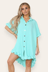 Pleated Button Up Frill Detail Swing Dress in Mint