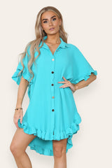 Pleated Button Up Frill Detail Swing Dress in Aqua
