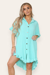 Pleated Button Up Frill Detail Swing Dress in Mint front 2