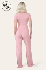Scoop Neck Bodysuit & Wide Leg Trousers Co-Ord in Rose Pink back
