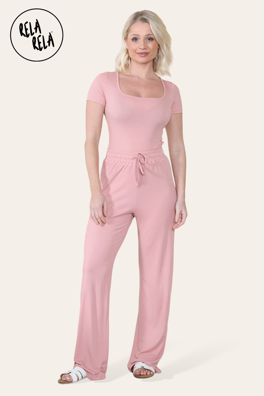 Scoop Neck Bodysuit & Wide Leg Trousers Co-Ord in Rose Pink