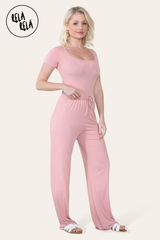 Scoop Neck Bodysuit & Wide Leg Trousers Co-Ord in Rose Pink front 2
