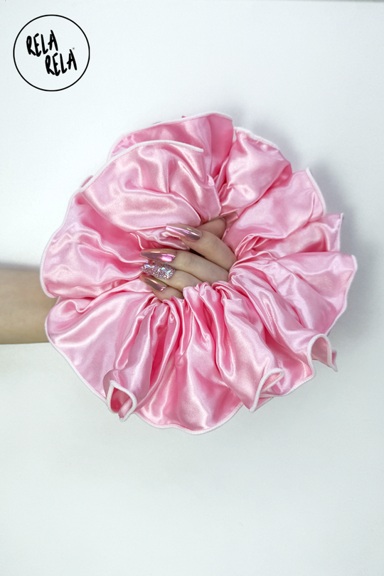 XXL Large Satin Hair Scrunchies with Contrast Stitching in Baby Pink