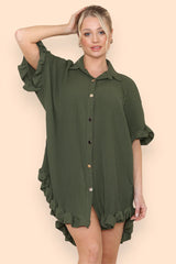 Pleated Button Up Frill Detail Swing Dress in Khaki