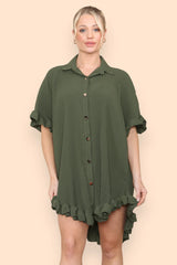 Pleated Button Up Frill Detail Swing Dress in Khaki