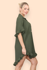 Pleated Button Up Frill Detail Swing Dress in Khaki