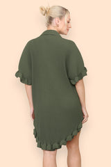 Pleated Button Up Frill Detail Swing Dress in Khaki