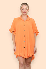 Pleated Button Up Frill Detail Swing Dress in Orange