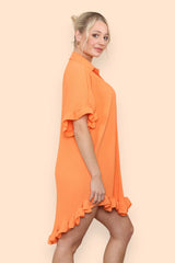 Pleated Button Up Frill Detail Swing Dress in Orange