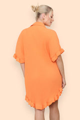 Pleated Button Up Frill Detail Swing Dress in Orange