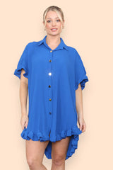 Pleated Button Up Frill Detail Swing Dress in Royal Blue