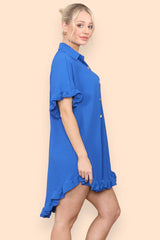 Pleated Button Up Frill Detail Swing Dress in Royal Blue
