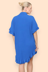 Pleated Button Up Frill Detail Swing Dress in Royal Blue