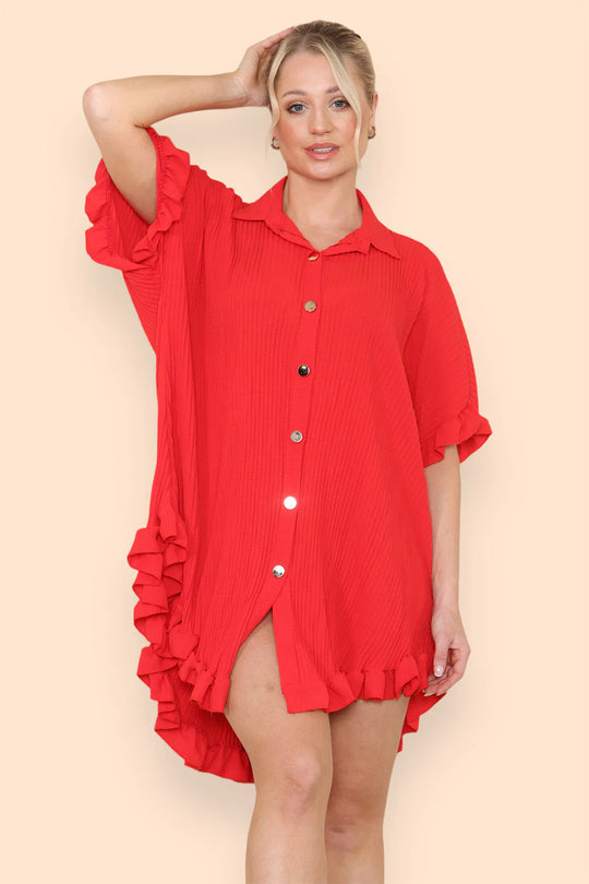 Pleated Button Up Frill Detail Swing Dress in Red