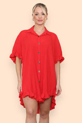 Pleated Button Up Frill Detail Swing Dress in Red front2